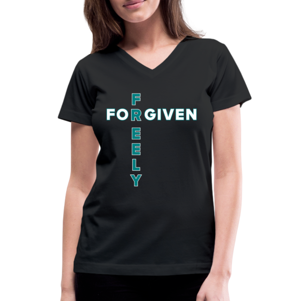 "Forgiven Freely Cross Teal + White Design" Women's V-Neck Black T-Shirt - black