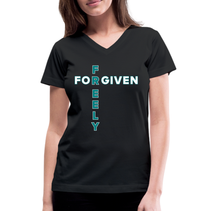 "Forgiven Freely Cross Teal + White Design" Women's V-Neck Black T-Shirt - black