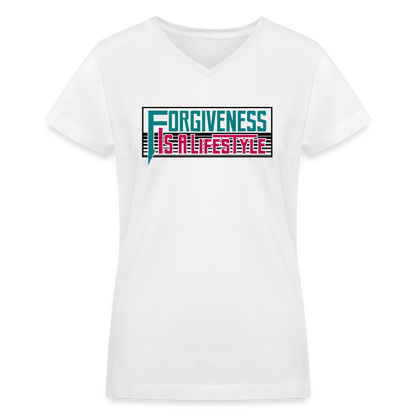 "Forgiveness Is A Lifestyle" Women's V-Neck White T-Shirt - white