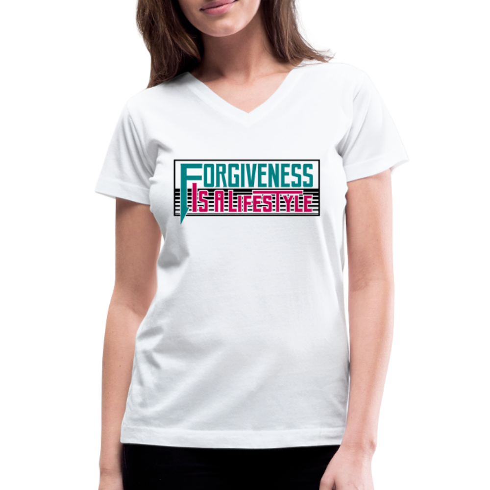 "Forgiveness Is A Lifestyle" Women's V-Neck White T-Shirt - white