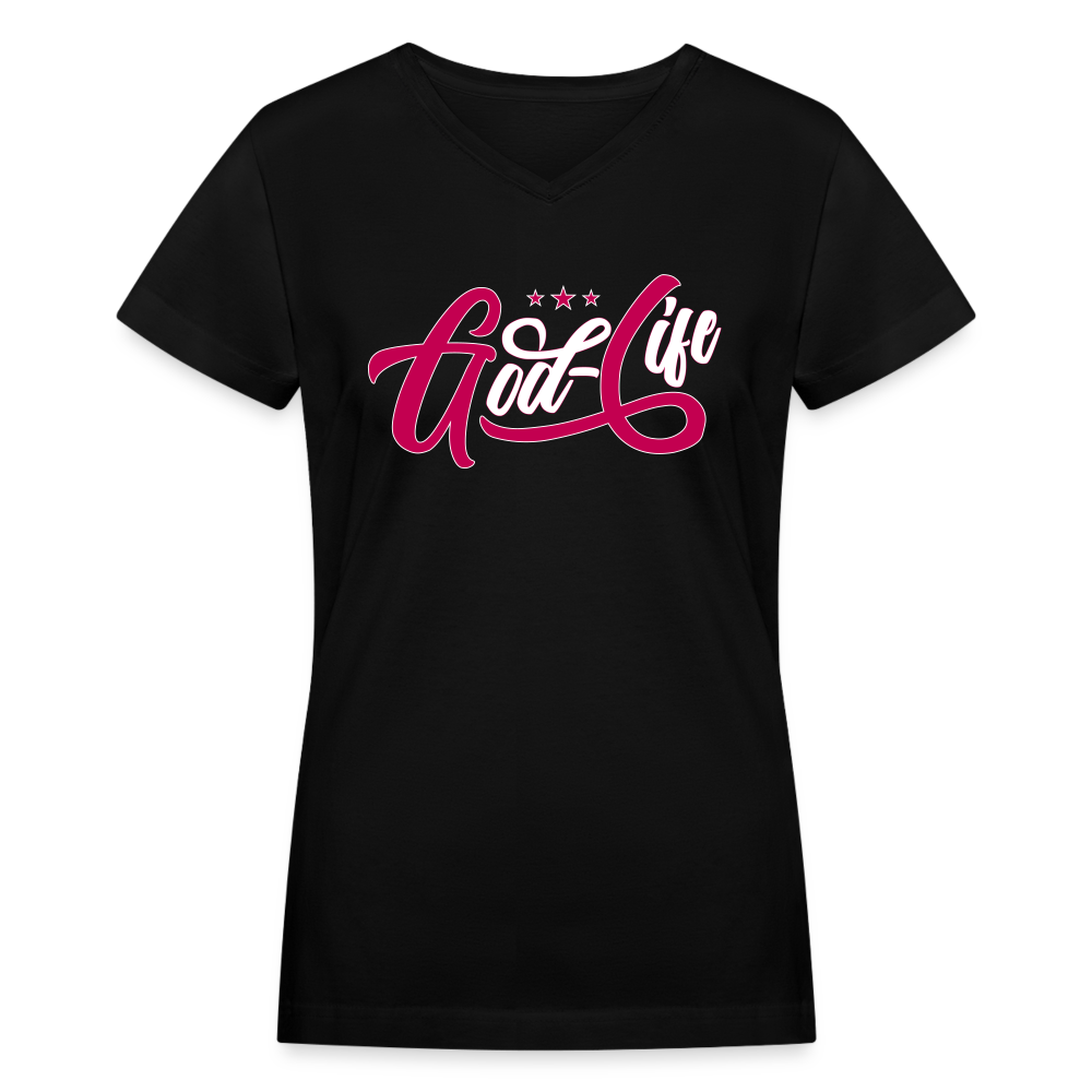 "God-Life" Women's V-Neck Black T-Shirt - black