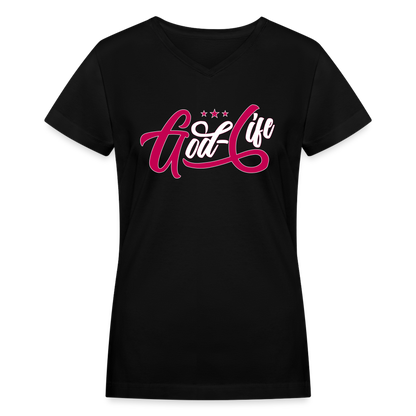 "God-Life" Women's V-Neck Black T-Shirt - black