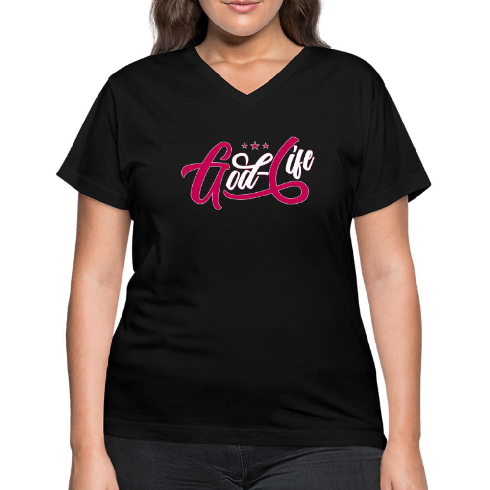 "God-Life" Women's V-Neck Black T-Shirt - black