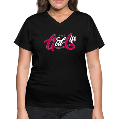 "God-Life" Women's V-Neck Black T-Shirt - black