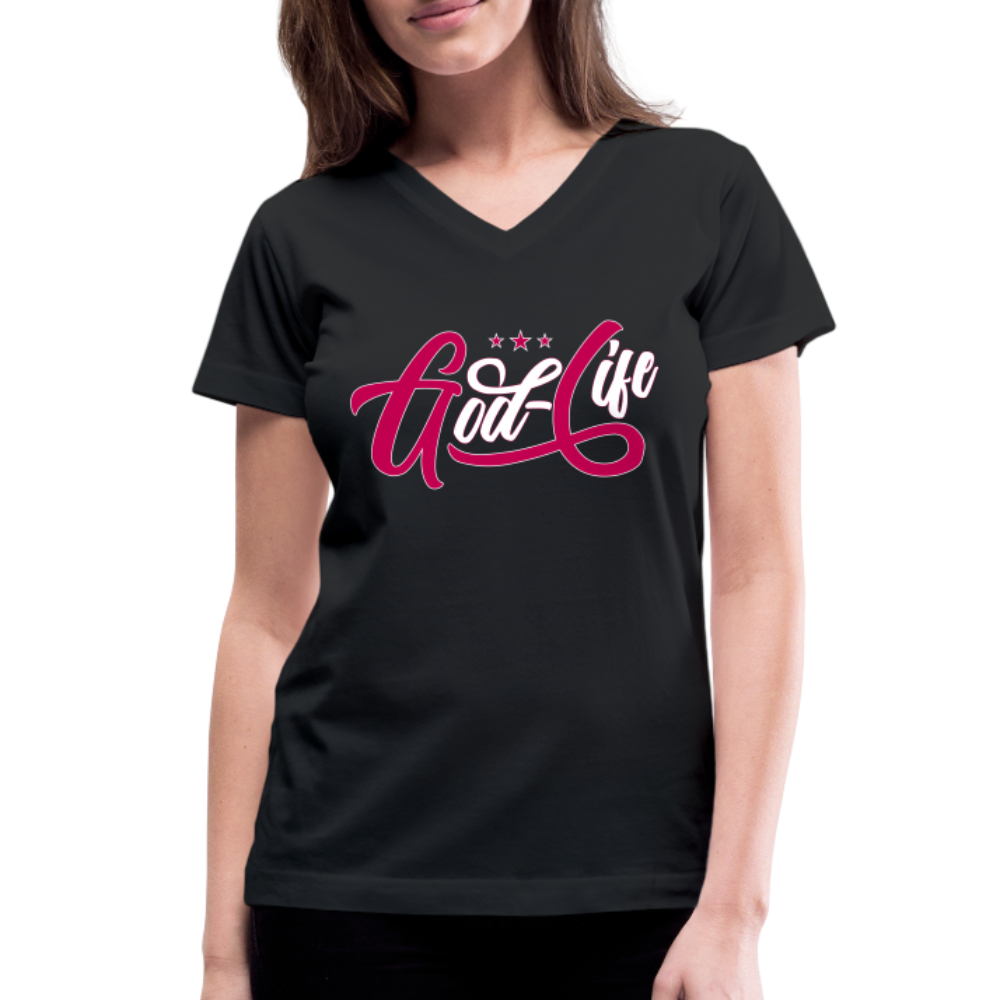 "God-Life" Women's V-Neck Black T-Shirt - black