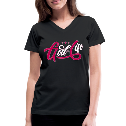 "God-Life" Women's V-Neck Black T-Shirt - black