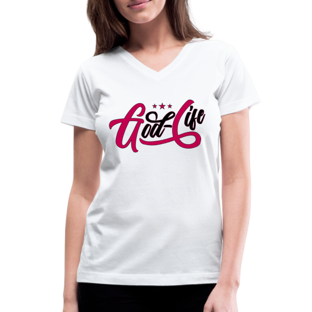 "God-Life" Women's V-Neck White T-Shirt - white