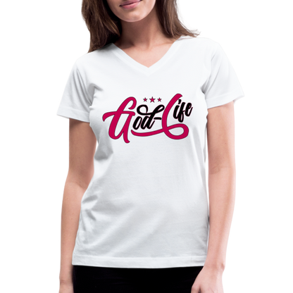 "God-Life" Women's V-Neck White T-Shirt - white