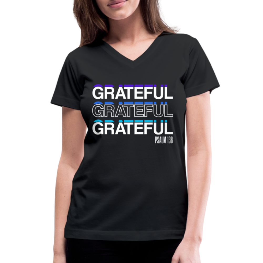 "Grateful" Women's V-Neck Black T-Shirt - black