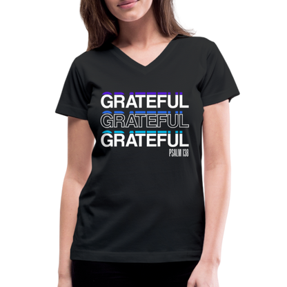 "Grateful" Women's V-Neck Black T-Shirt - black