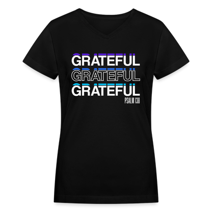 "Grateful" Women's V-Neck Black T-Shirt - black