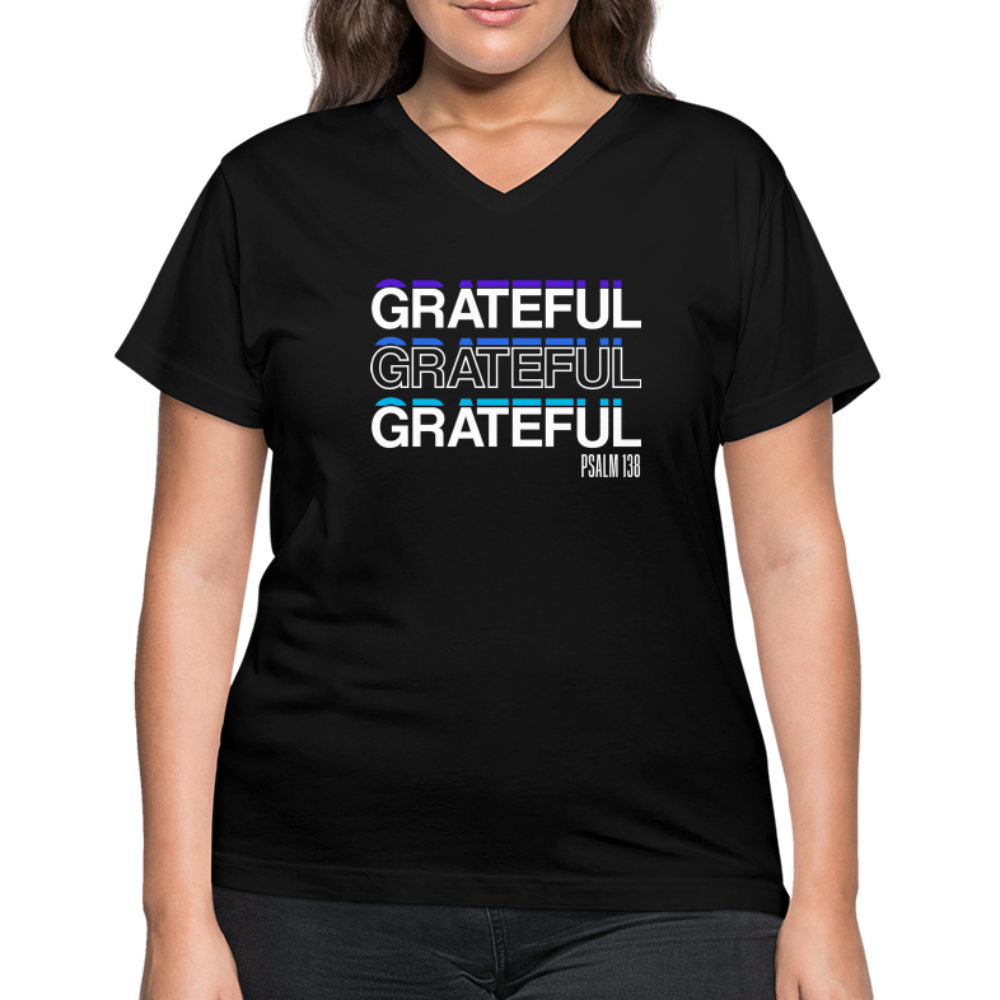 "Grateful" Women's V-Neck Black T-Shirt - black