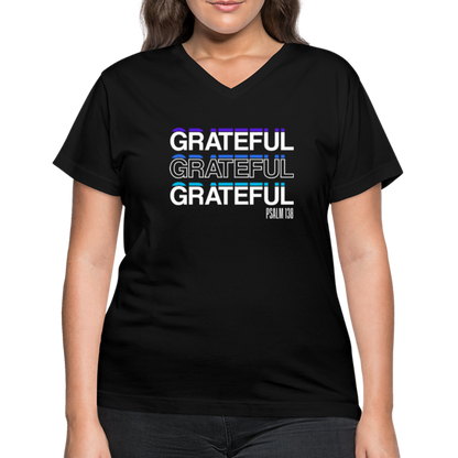 "Grateful" Women's V-Neck Black T-Shirt - black