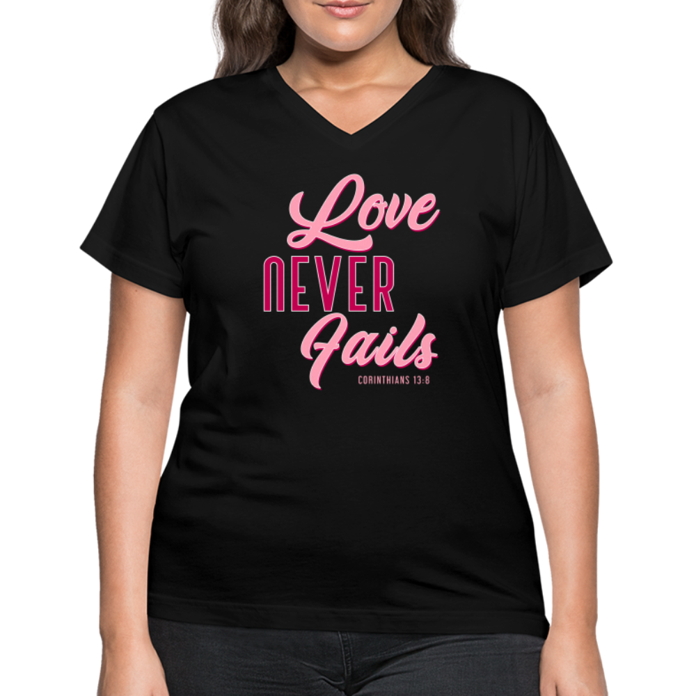 "Love Never Fails" Women's V-Neck Black T-Shirt - black