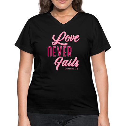 "Love Never Fails" Women's V-Neck Black T-Shirt - black