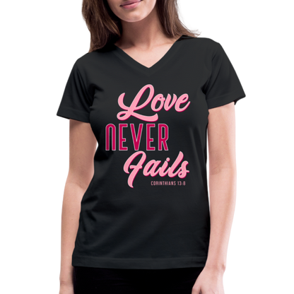 "Love Never Fails" Women's V-Neck Black T-Shirt - black