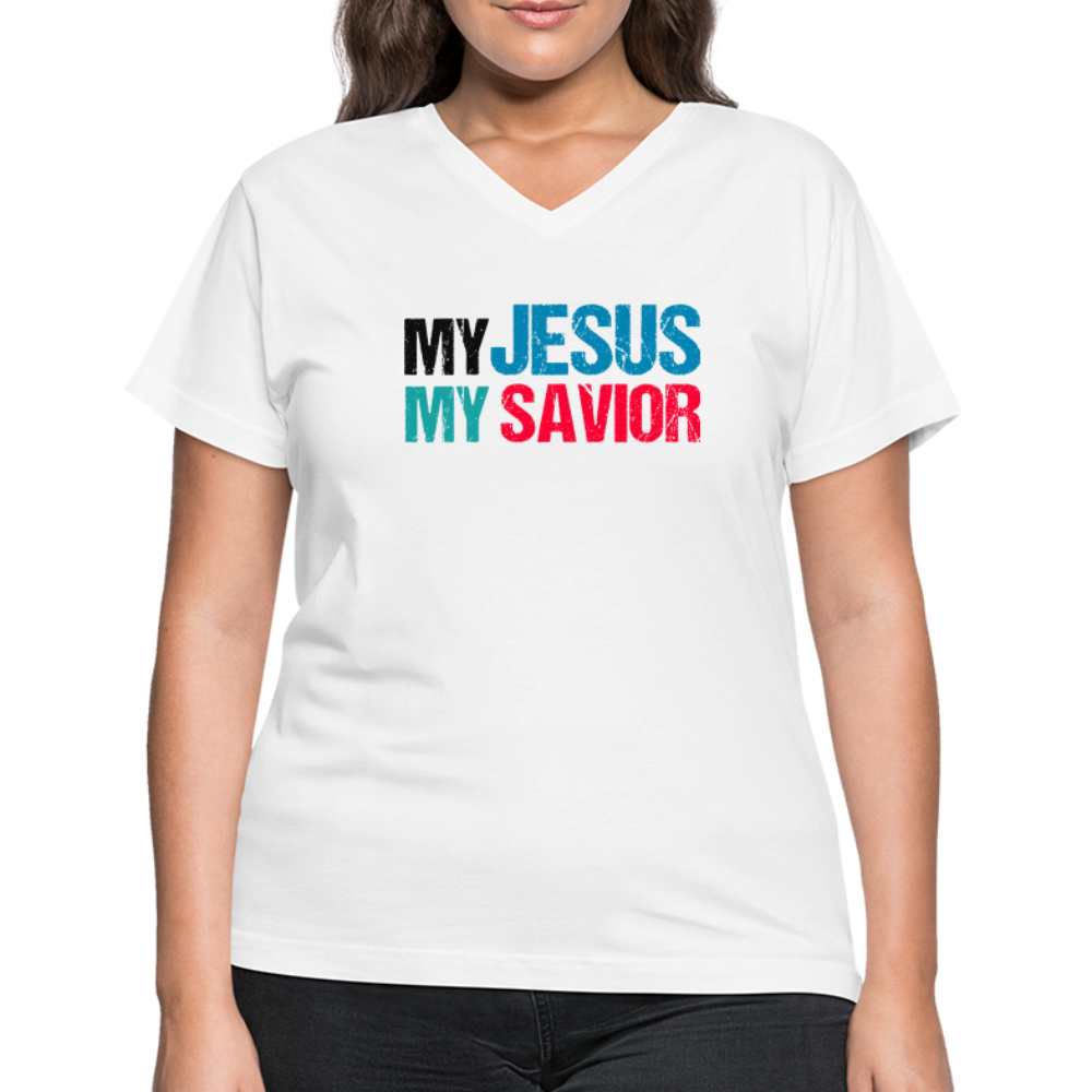 "My Jesus MY Savior" Women's V-Neck White T-Shirt - white