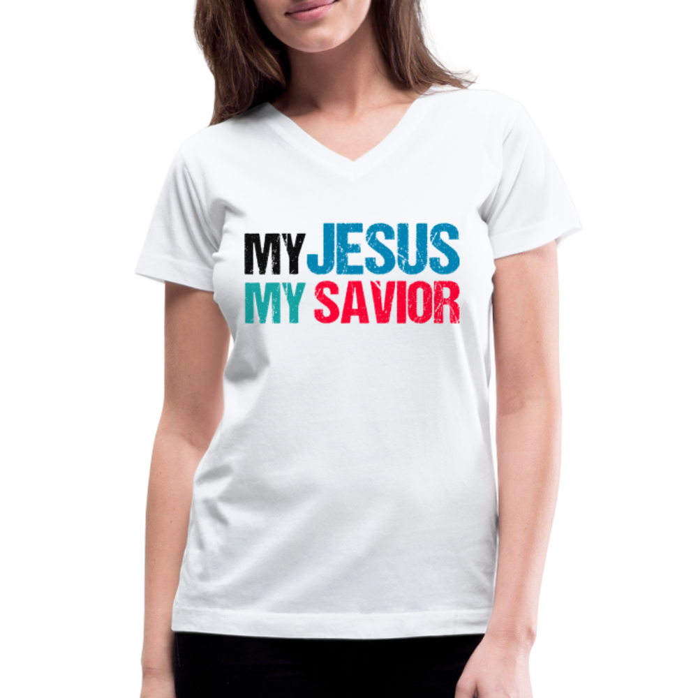 "My Jesus MY Savior" Women's V-Neck White T-Shirt - white