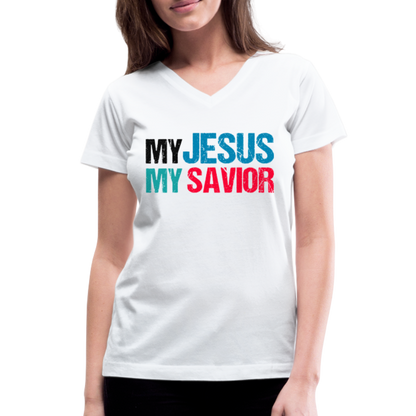 "My Jesus MY Savior" Women's V-Neck White T-Shirt - white