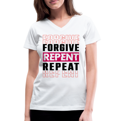 Forgive Repent Repeat Women's V-Neck White T-Shirt - white