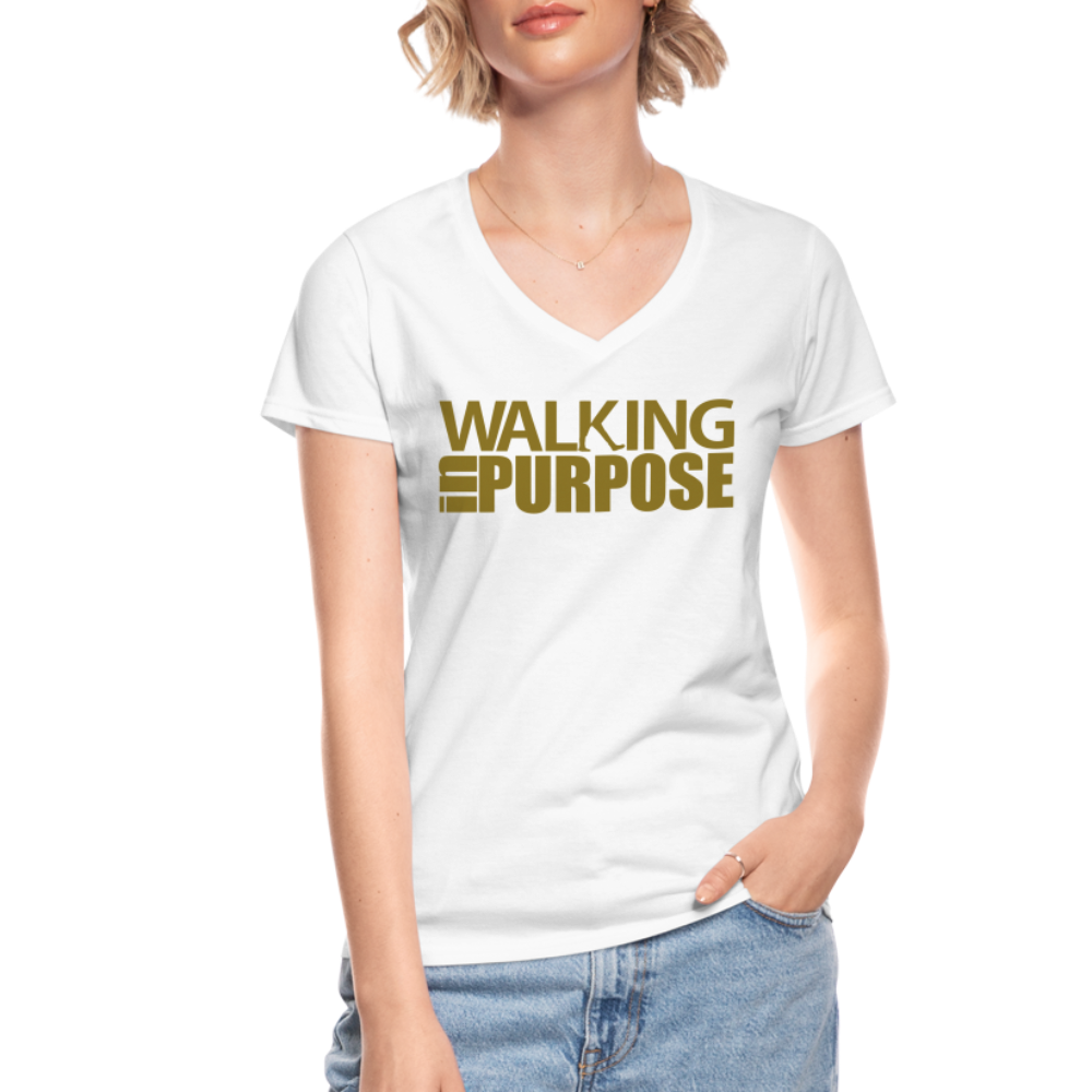 "Walking in Purpose" Gold Metallic Women's V-Neck T-Shirt - white