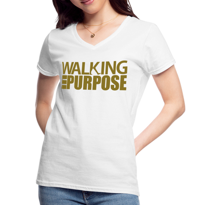 "Walking in Purpose" Gold Metallic Women's V-Neck T-Shirt - white