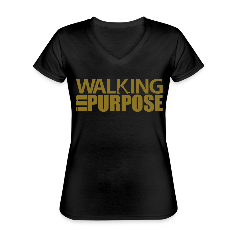 "Walking in Purpose" Gold Metallic Women's V-Neck T-Shirt - black