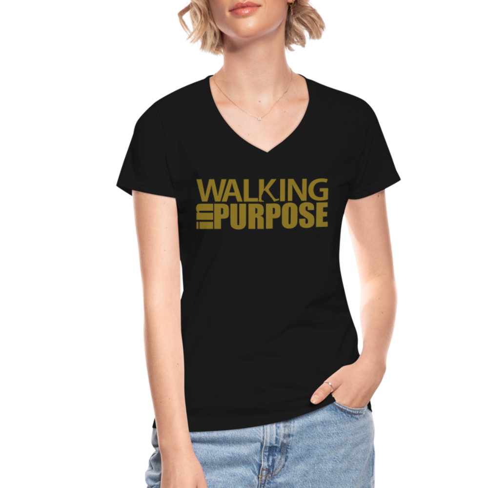 "Walking in Purpose" Gold Metallic Women's V-Neck T-Shirt - black