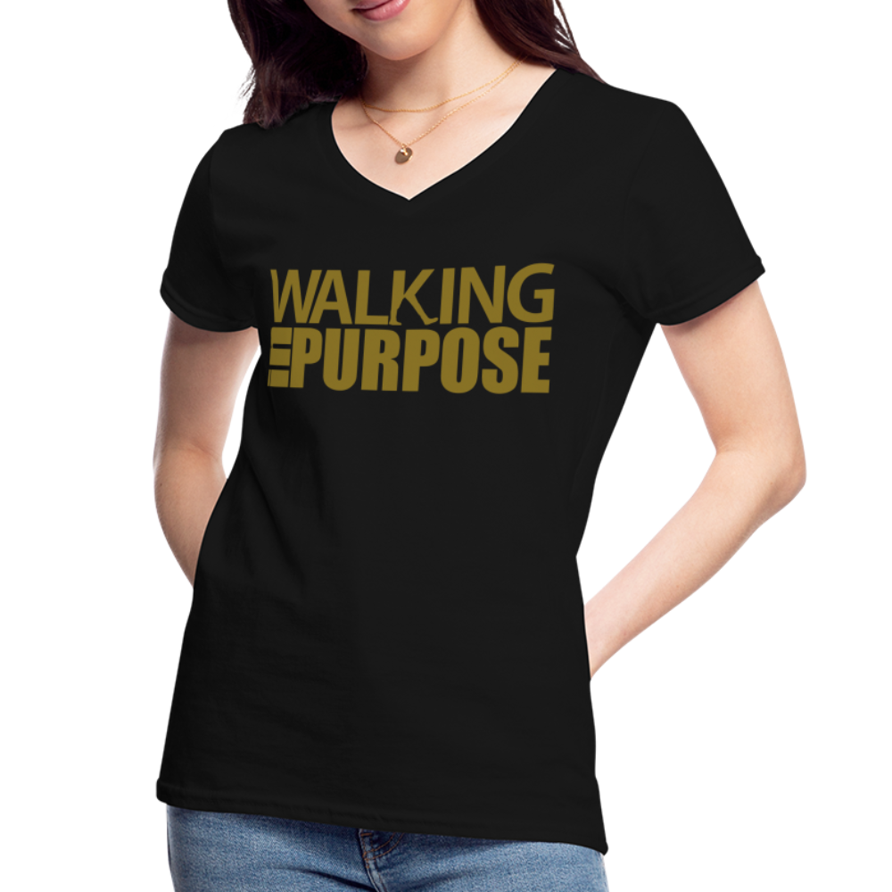 "Walking in Purpose" Gold Metallic Women's V-Neck T-Shirt - black