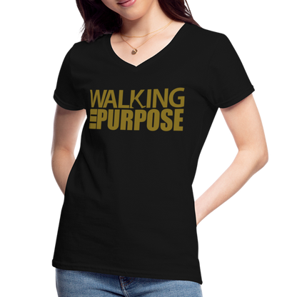 "Walking in Purpose" Gold Metallic Women's V-Neck T-Shirt - black