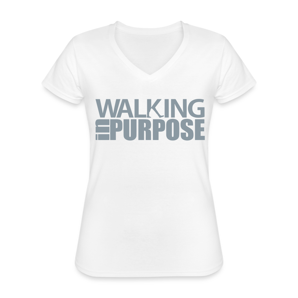 "Walking in Purpose" Silver Metallic Women's V-Neck T-Shirt - white