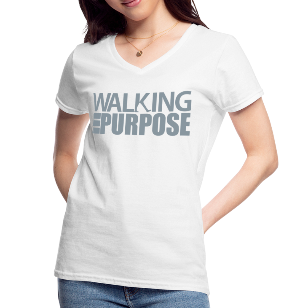 "Walking in Purpose" Silver Metallic Women's V-Neck T-Shirt - white