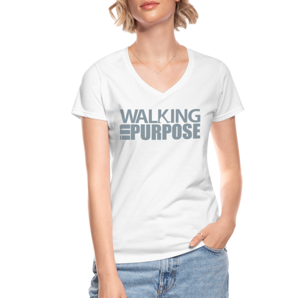 "Walking in Purpose" Silver Metallic Women's V-Neck T-Shirt - white