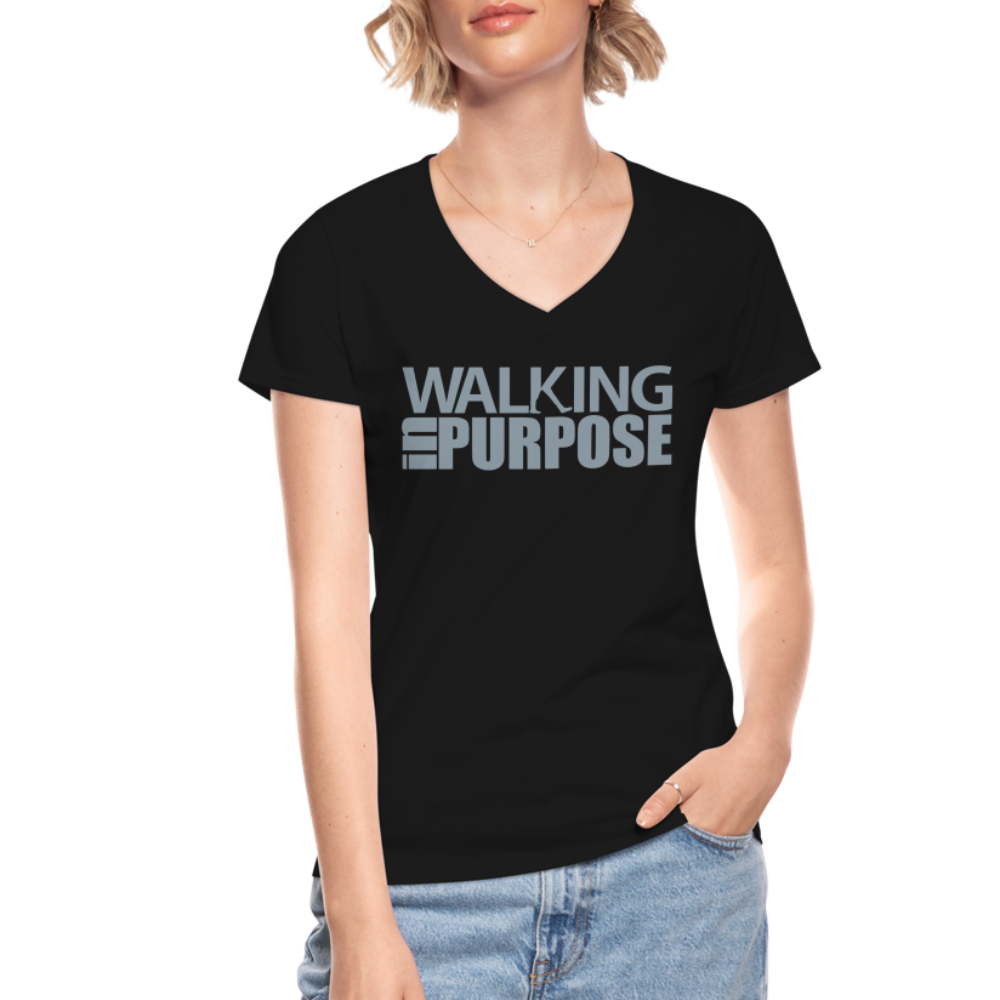 "Walking in Purpose" Silver Metallic Women's V-Neck T-Shirt - black