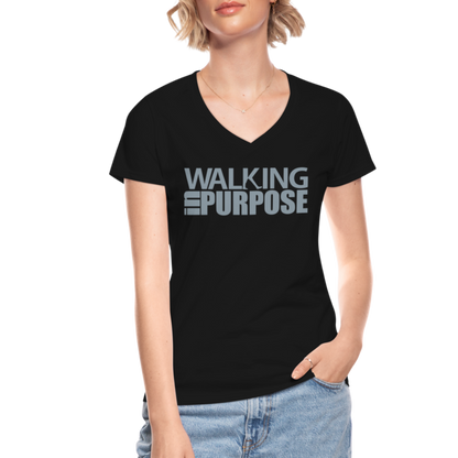 "Walking in Purpose" Silver Metallic Women's V-Neck T-Shirt - black