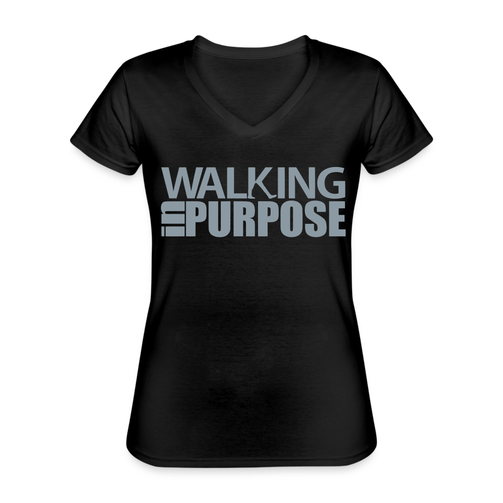 "Walking in Purpose" Silver Metallic Women's V-Neck T-Shirt - black