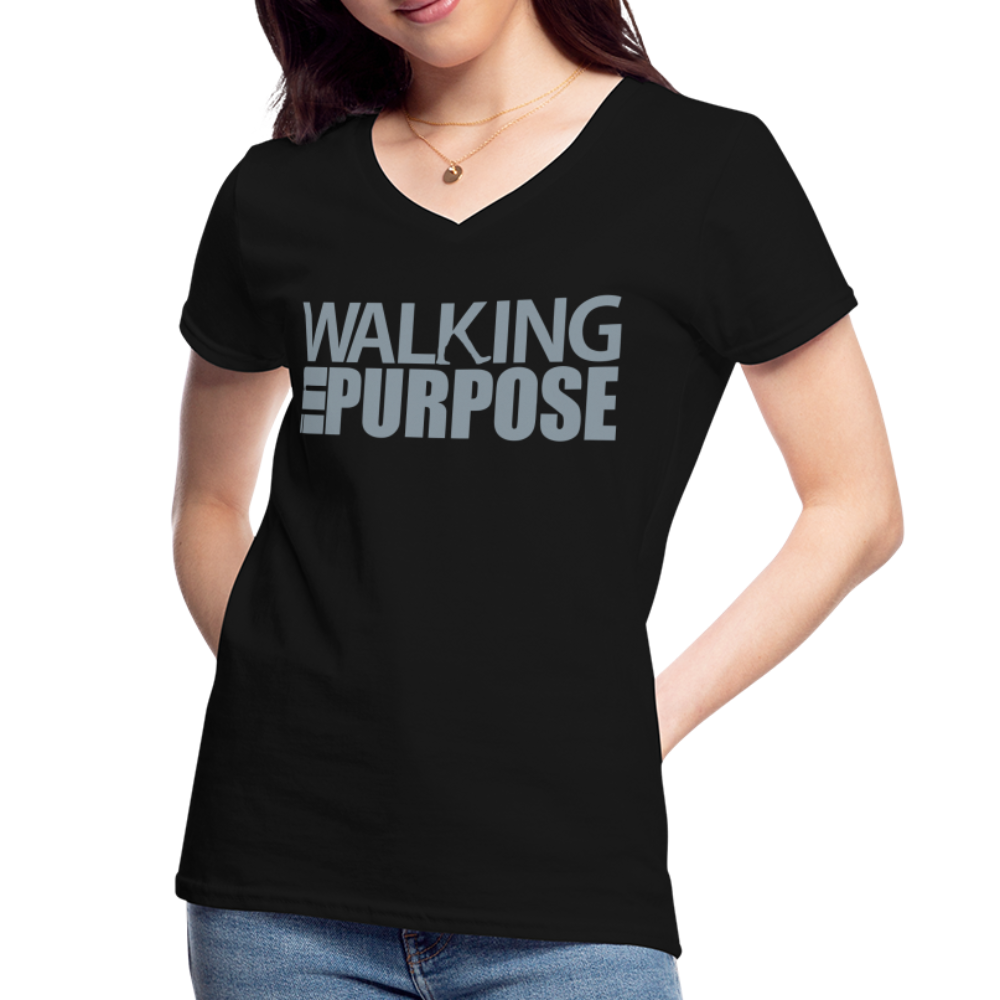 "Walking in Purpose" Silver Metallic Women's V-Neck T-Shirt - black