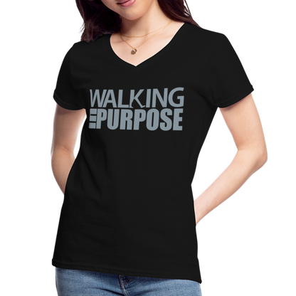 "Walking in Purpose" Silver Metallic Women's V-Neck T-Shirt - black