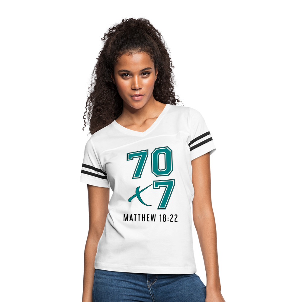 "70x7 Teal + White Design" Women’s Vintage Sport White T-Shirt - white/black