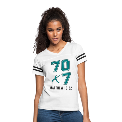 "70x7 Teal + White Design" Women’s Vintage Sport White T-Shirt - white/black