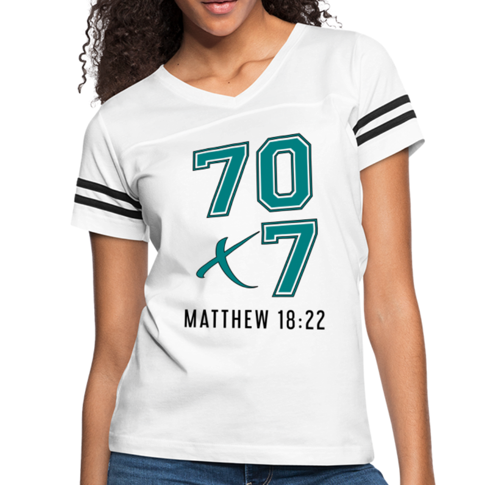 "70x7 Teal + White Design" Women’s Vintage Sport White T-Shirt - white/black