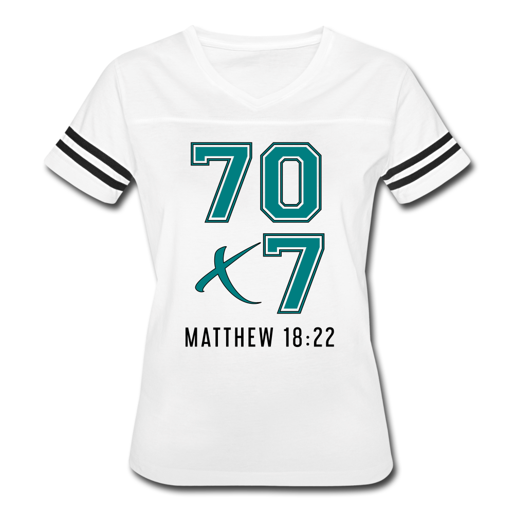 "70x7 Teal + White Design" Women’s Vintage Sport White T-Shirt - white/black