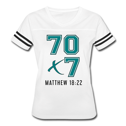 "70x7 Teal + White Design" Women’s Vintage Sport White T-Shirt - white/black