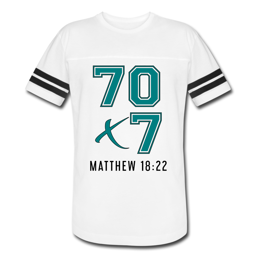 "70x7 Teal + Black Design" Vintage Sport White T-Shirt - white/black