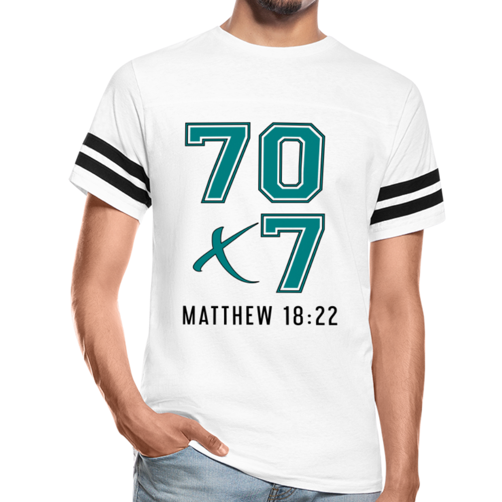 "70x7 Teal + Black Design" Vintage Sport White T-Shirt - white/black