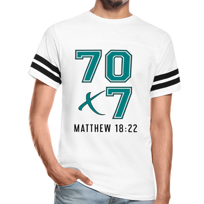 "70x7 Teal + Black Design" Vintage Sport White T-Shirt - white/black