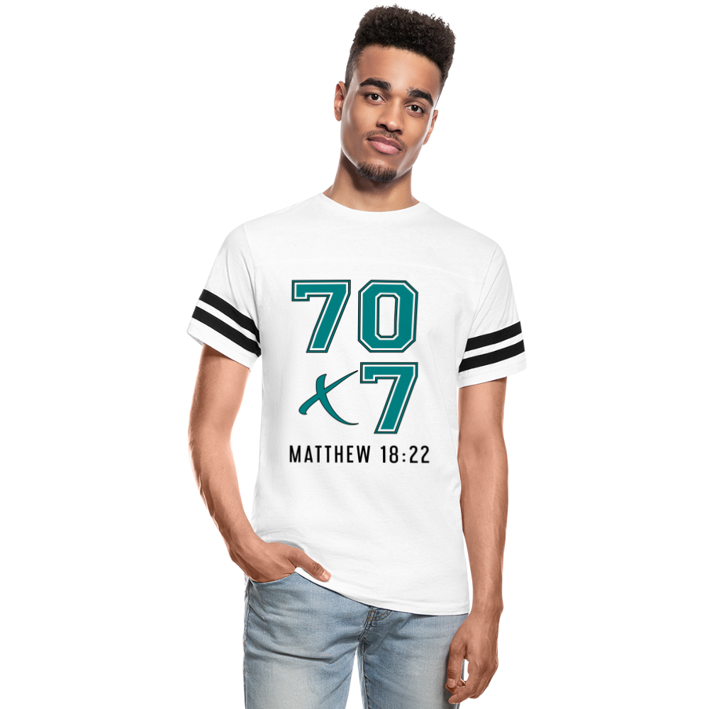 "70x7 Teal + Black Design" Vintage Sport White T-Shirt - white/black