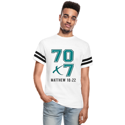 "70x7 Teal + Black Design" Vintage Sport White T-Shirt - white/black