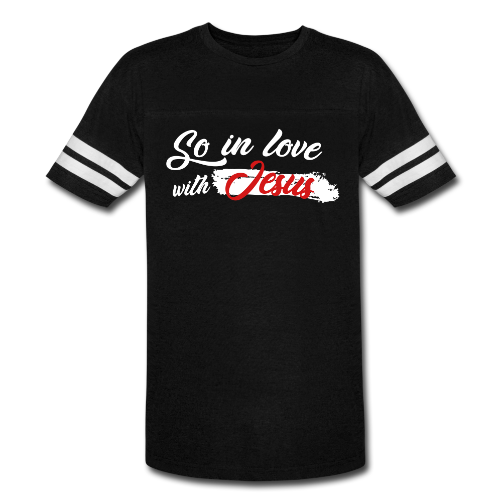 "So In Love With Jesus" Vintage Sport Black T-Shirt - black/white