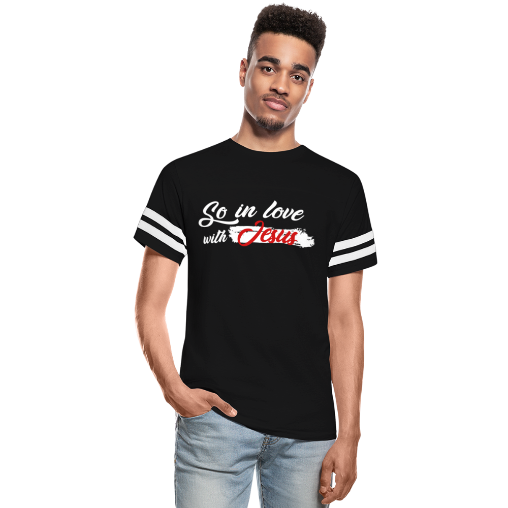 "So In Love With Jesus" Vintage Sport Black T-Shirt - black/white